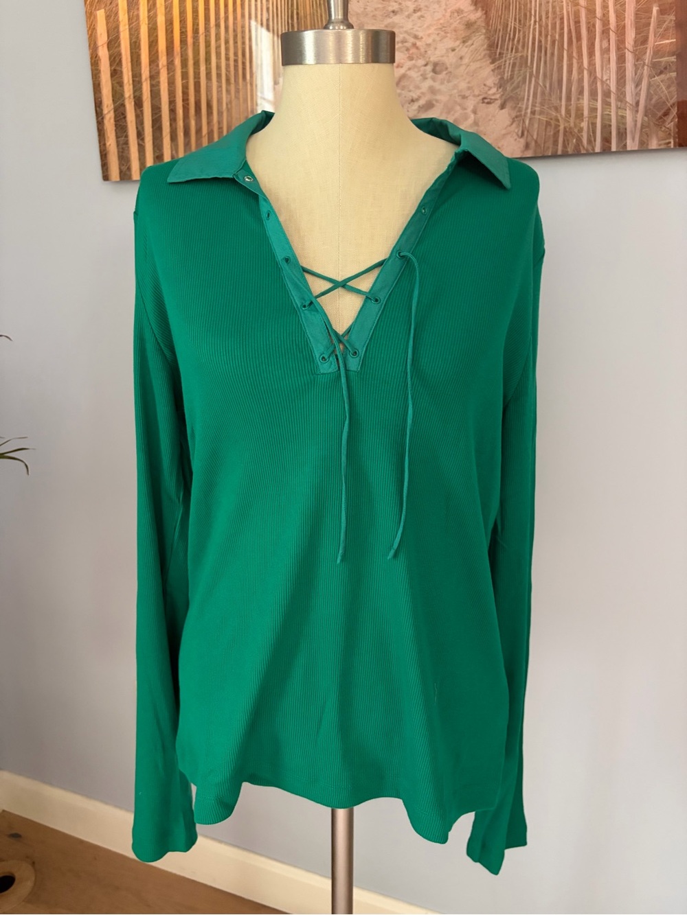 Maeve Tie Front Ribbed Long Sleeve Top Green Size XL